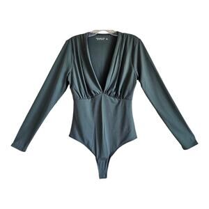 ABERCROMBIE & FITCH Women L Blouse Bodysuit Olive Green Deep V-Neck 36" NWOT